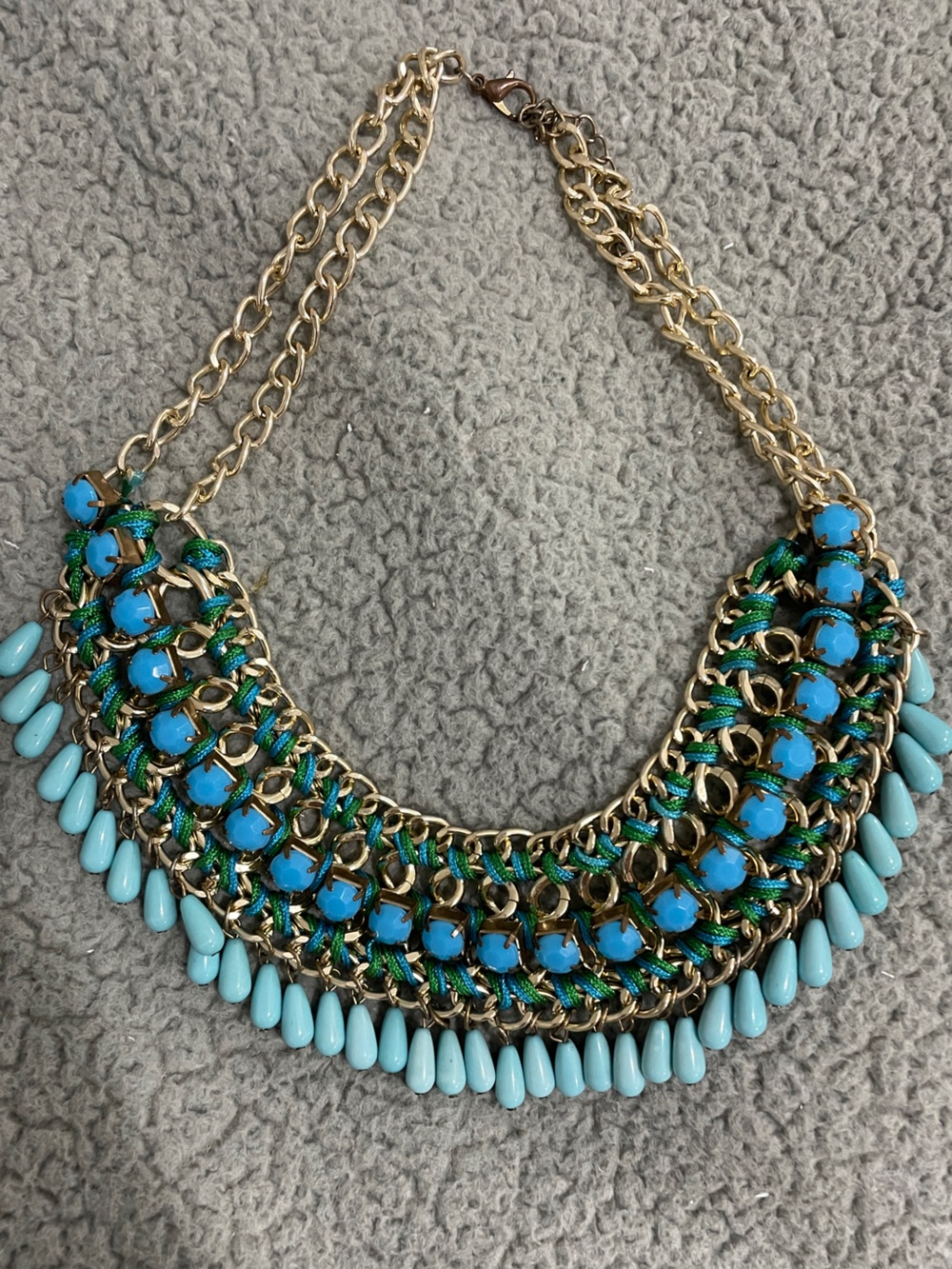 Vintage Zara Gold Chain Statement Necklace with Turquoise and Aqua Accents